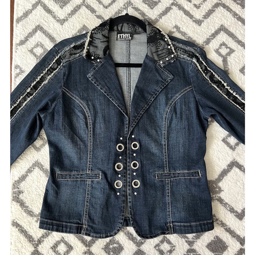 ETHYL Vintage Y2K Blk Net Embroidered Rhinestone Fitted Denim Jean Jacket Sz M - Picture 2 of 12